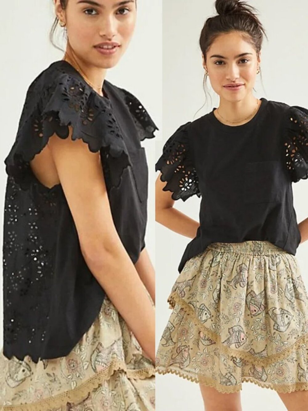 NEW Seen Worn Kept Anthropologie Eyelet Flutter Sleeve T Shirt Tee Top Black $98